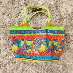 Laurel Burch Dancing Fish Painted Tote Bag Canvas Lime Green‎